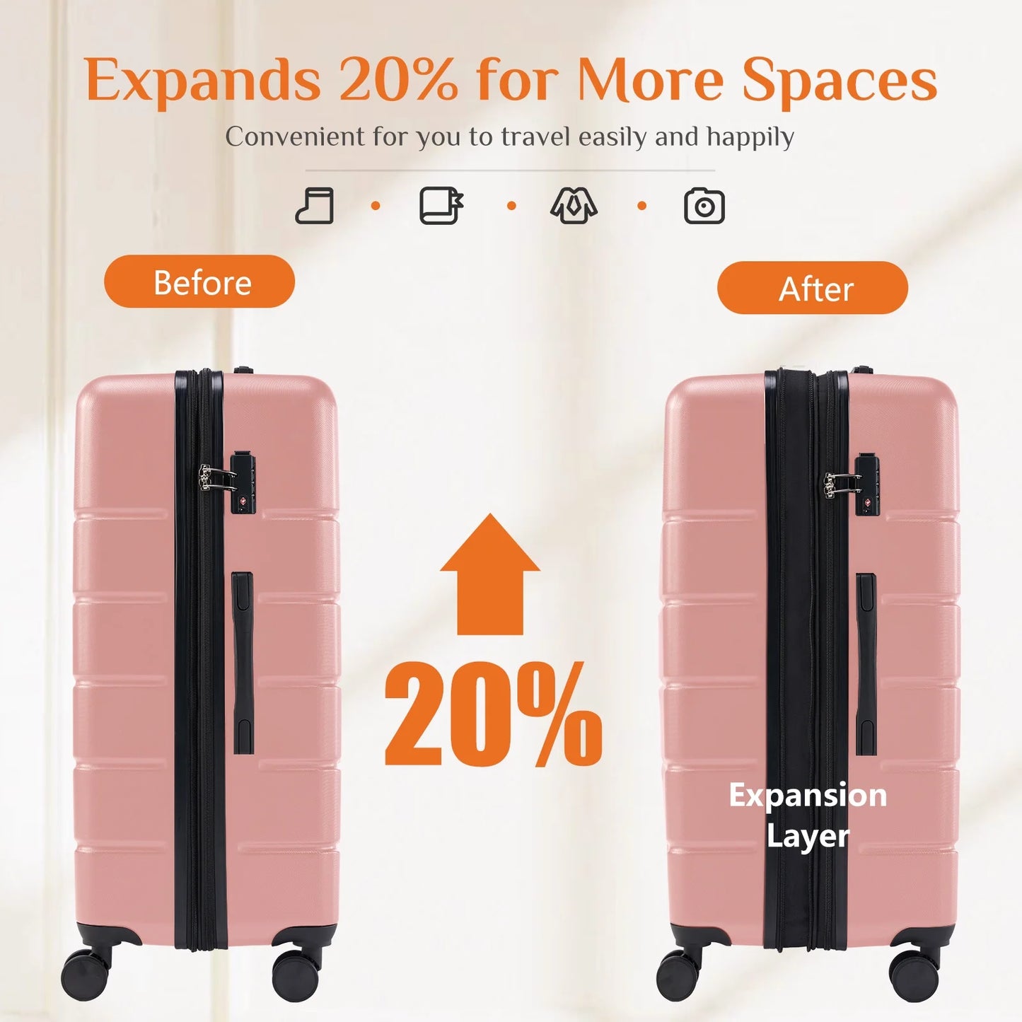 3-Piece Luggage Sets, Hard Shell ABS Suitcases with Double Spinner Wheels, Lightweight Expandable Rolling Travel Suit Case with TSA Lock, Pink