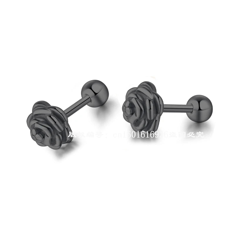 4 Style Stainless Steel Casting Black Rose Flower Plants Stud Earrings Silver Color Earring for Women Unusual Exquisite Jewelry