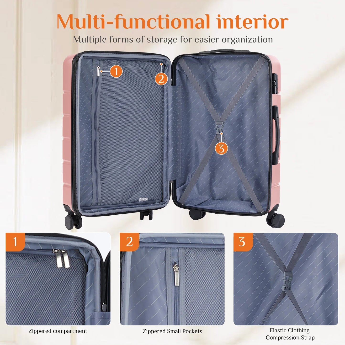 3-Piece Luggage Sets, Hard Shell ABS Suitcases with Double Spinner Wheels, Lightweight Expandable Rolling Travel Suit Case with TSA Lock, Pink