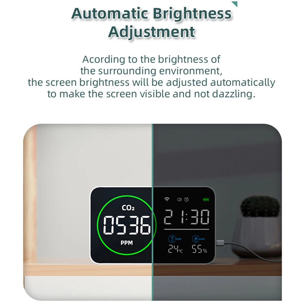 4 In1 WIFI Smart Air Quality Monitor CO2 PM2.5 Temperature Humidity Current Time Tester with Alarm Clock Carbon Dioxide Detector