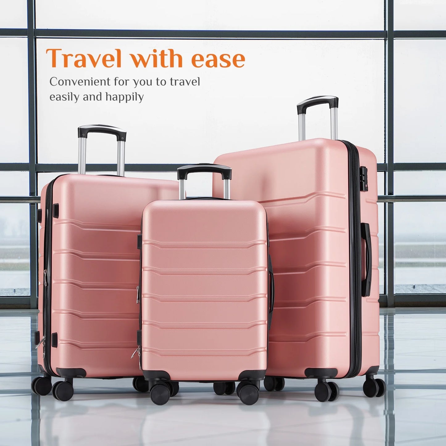 3-Piece Luggage Sets, Hard Shell ABS Suitcases with Double Spinner Wheels, Lightweight Expandable Rolling Travel Suit Case with TSA Lock, Pink