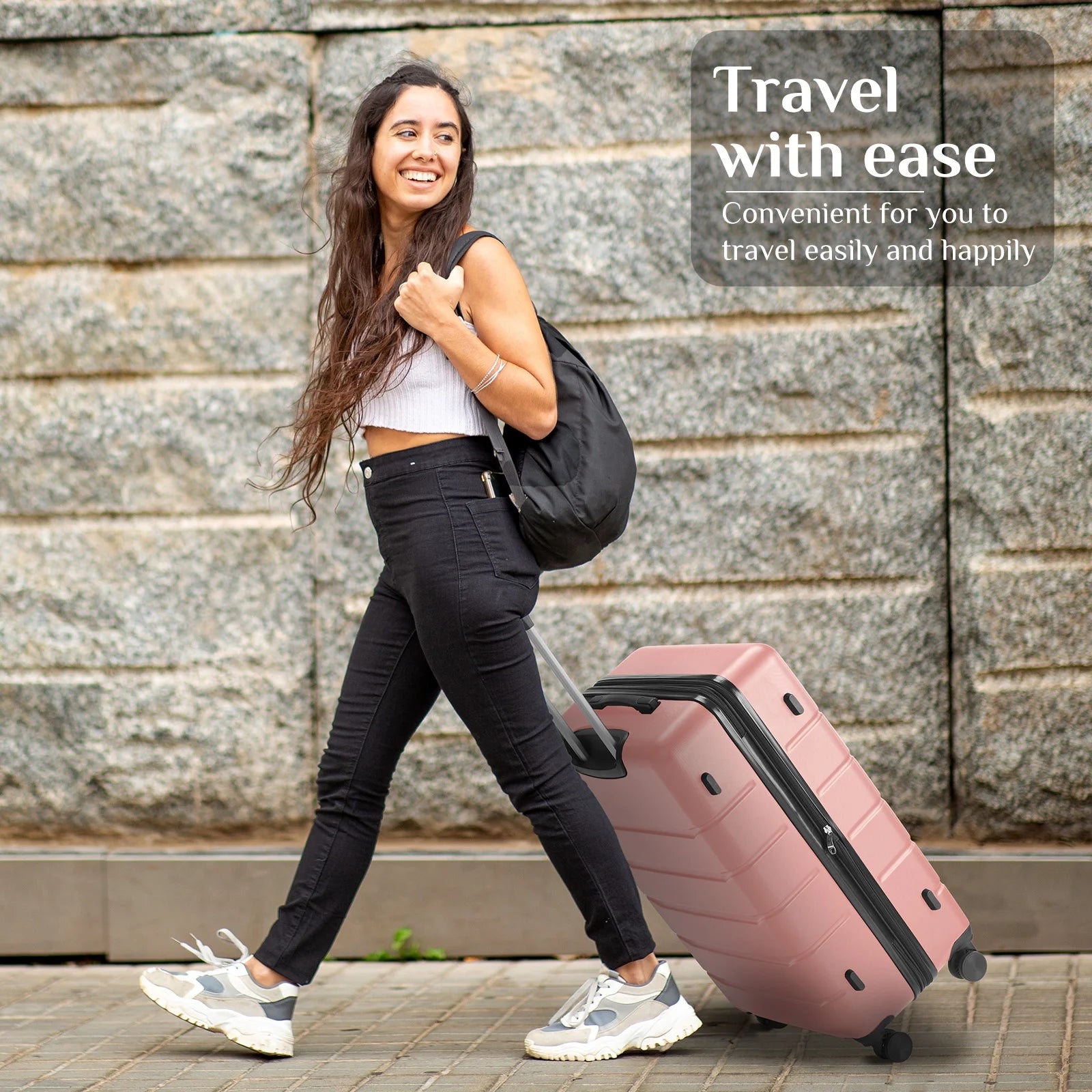 3-Piece Luggage Sets, Hard Shell ABS Suitcases with Double Spinner Wheels, Lightweight Expandable Rolling Travel Suit Case with TSA Lock, Pink