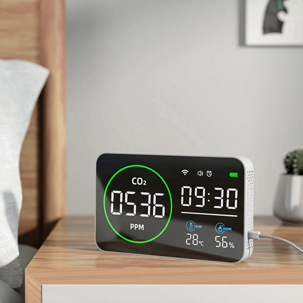 4 In1 WIFI Smart Air Quality Monitor CO2 PM2.5 Temperature Humidity Current Time Tester with Alarm Clock Carbon Dioxide Detector