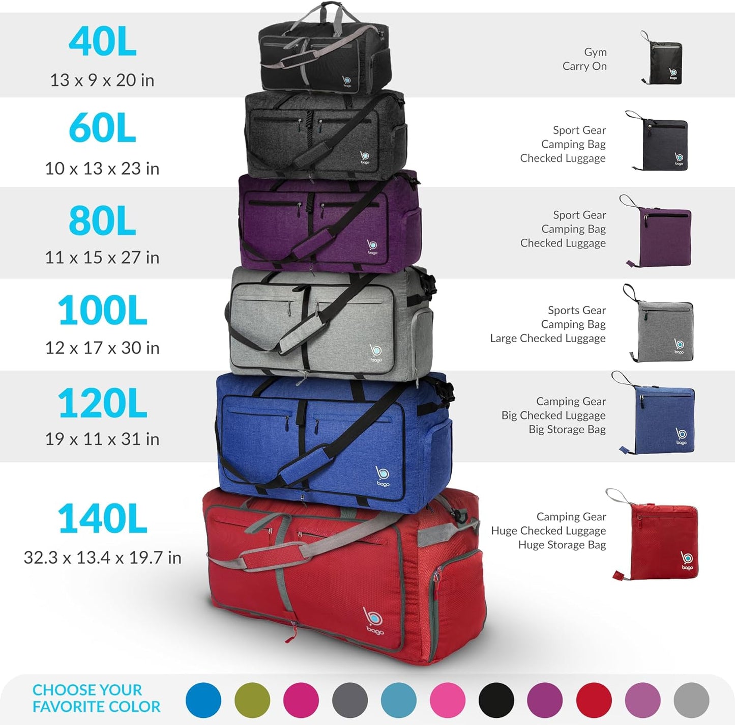 40L 60L 80L 100L 120L 140L Duffel Bags for Traveling – Durable Lightweight Waterproof Foldable Duffle Bag for Travel with Shoe Compartment, Packable Collapsible Overnight Bag for Men & Women