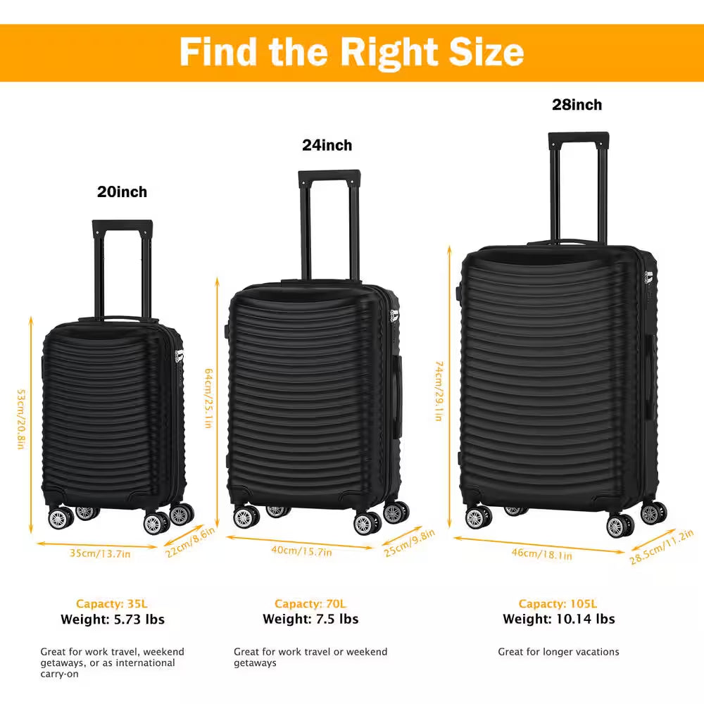 3 Piece Luggage Set Suitcase Spinner Hardshell Lightweight ABS TSA Lock Spinner Carry on (Black)