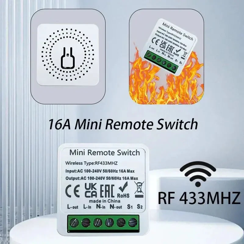 16A 433Mhz Smart Switch Mini DIY Relay Receiver Automation Module RF 2-Way Control Wireless on off for Home LED Lamp AC100-240V