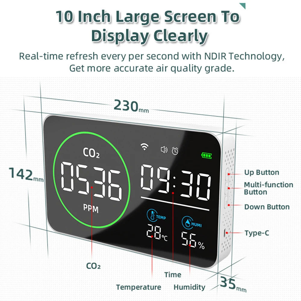 4 In1 WIFI Smart Air Quality Monitor CO2 PM2.5 Temperature Humidity Current Time Tester with Alarm Clock Carbon Dioxide Detector