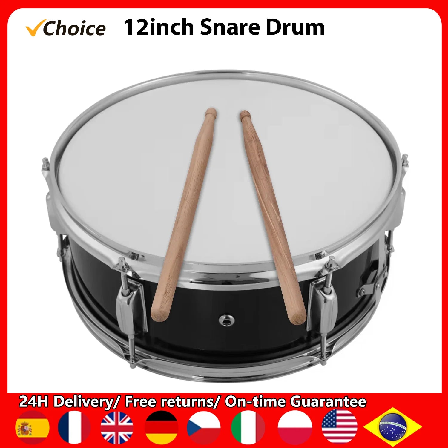12Inch Snare Drum Portable Snare Drum Set with Drumsticks Shoulder Strap Drum Key Percussion Instrument for Students Beginners