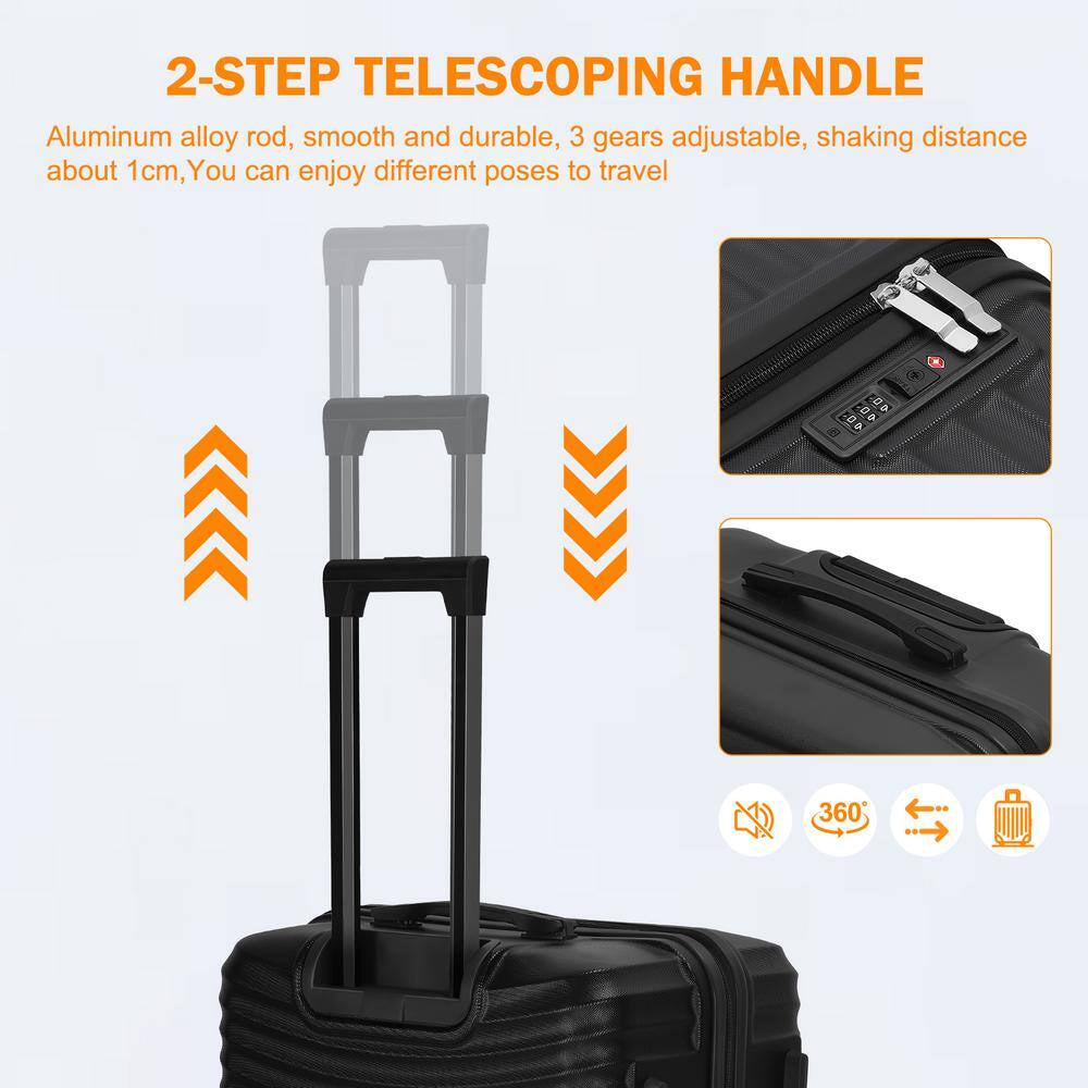 3 Piece Luggage Set Suitcase Spinner Hardshell Lightweight ABS TSA Lock Spinner Carry on (Black)